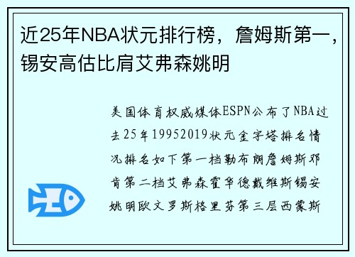 近25年NBA状元排行榜，詹姆斯第一，锡安高估比肩艾弗森姚明